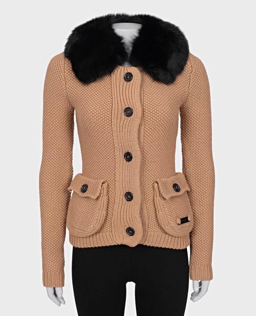 Burberry Brown Wool Cardigan with Detachable Fox Fur Sz.XS